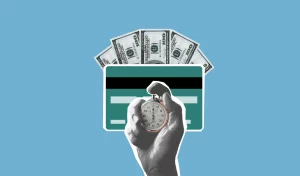 Illustration of a hand holding a stopwatch in front of a credit card and dollar bills, symbolizing the efficiency and speed in financial management offered by professionals handling student apartments