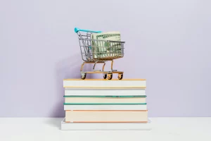 Small shopping cart with money on top of a stack of books, representing the financial advantages of adapting a holiday apartment during the low winter season.