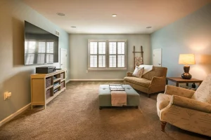 Living room with wicker sofa, blue ottoman, patterned chair, and flat-screen TV on the wall. Minimalist decor and neutral tones.