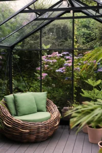 Sillón redondo de mimbre con cojines verdes en una terraza acristalada rodeada de plantas y flores, creando un ambiente natural y acogedor de primavera.