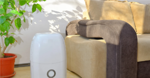 White dehumidifier placed next to a beige and brown sofa, with a potted plant and natural light casting shadows on the wall