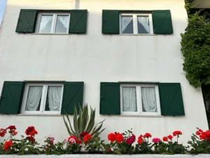 Fachada de casa blanca con contraventanas verdes, cortinas blancas y una jardinera con flores rojas y rosadas frente a las ventanas, acompañada de una planta suculenta.