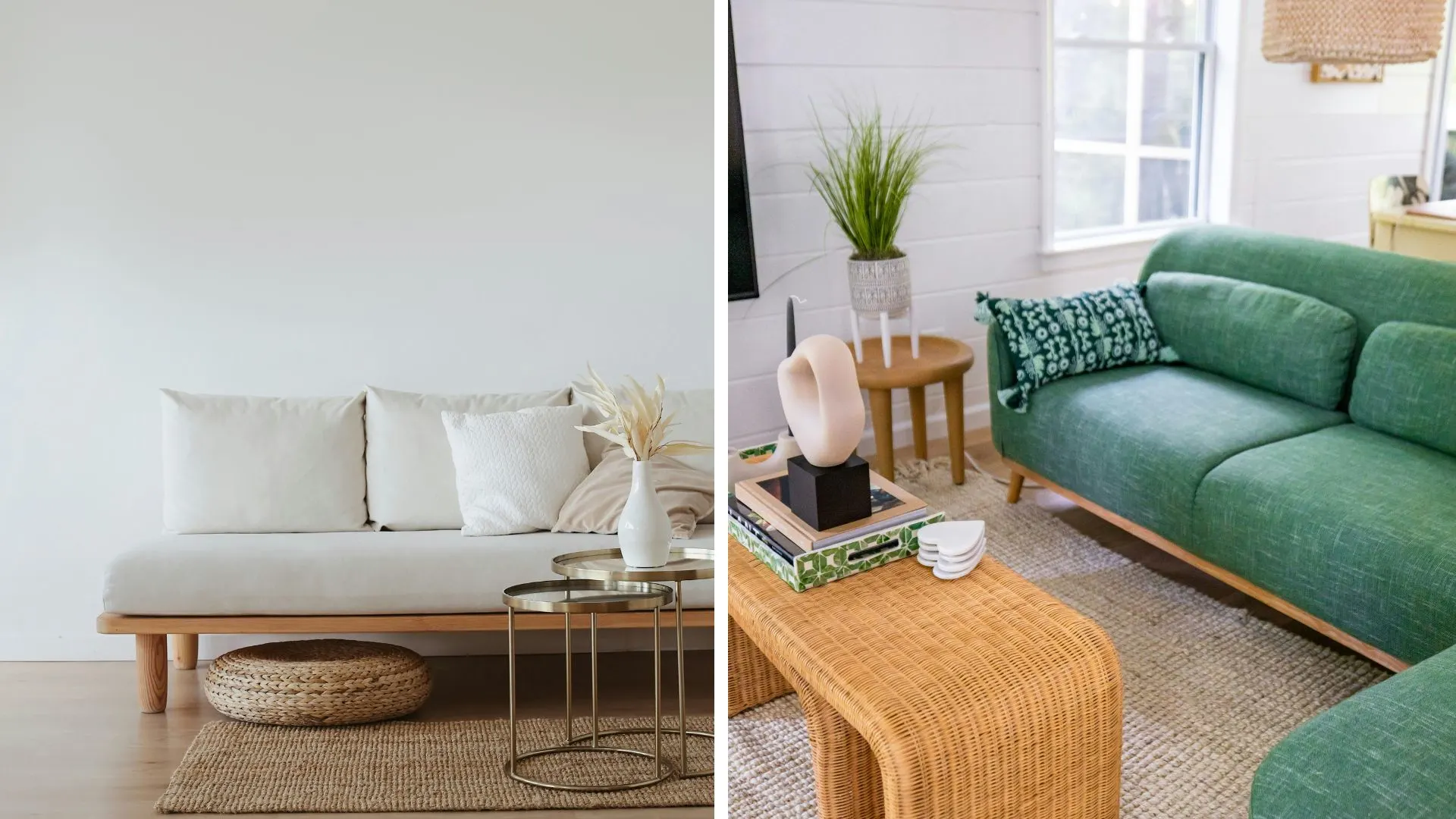Imagen dividida en dos: a la izquierda, sofá blanco minimalista con mesas metálicas y decoración en tonos neutros; a la derecha, salón con sofá verde, mesa de ratán y detalles decorativos naturales sobre alfombra de fibras.