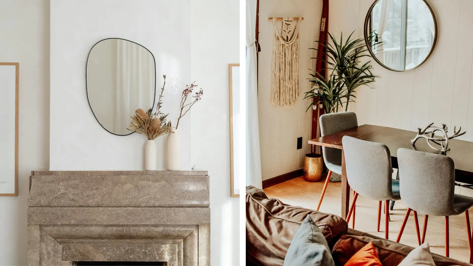 a la izquierda, chimenea con espejo orgánico y jarrones con ramas secas sobre fondo blanco; a la derecha, comedor con espejo redondo, sillas grises, detalles naturales y decoración bohemia en la pared.