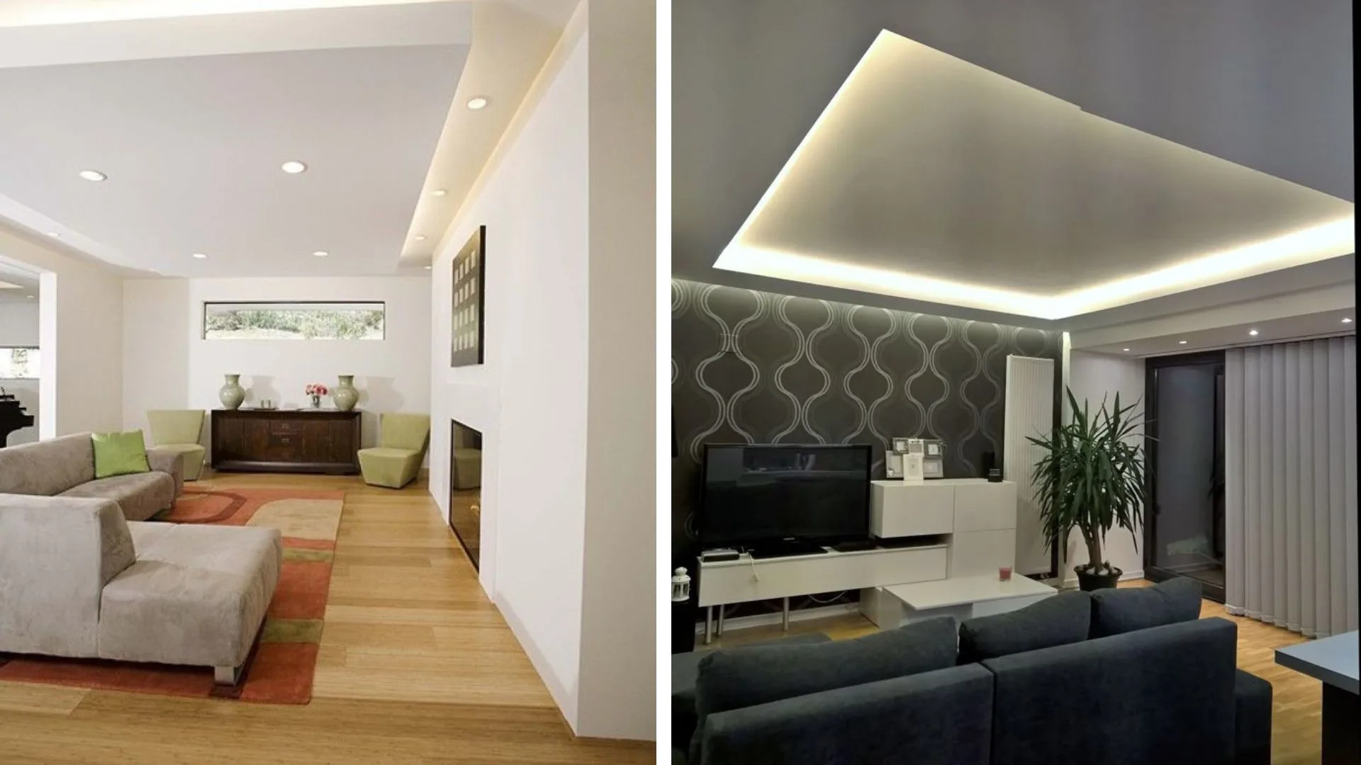a la izquierda, salón con diseño clásico, luz empotrada y colores cálidos; a la derecha, salón moderno con iluminación LED indirecta en el techo y papel pintado con formas geométricas.