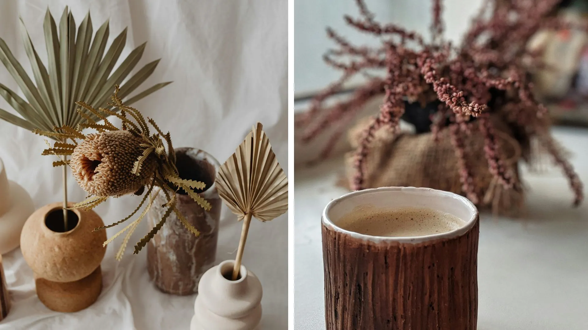 Imagen dividida en dos: a la izquierda, conjunto de jarrones de cerámica y barro con hojas secas decorativas sobre fondo blanco; a la derecha, taza artesanal con café espumoso y fondo con flores secas en saco de yute.