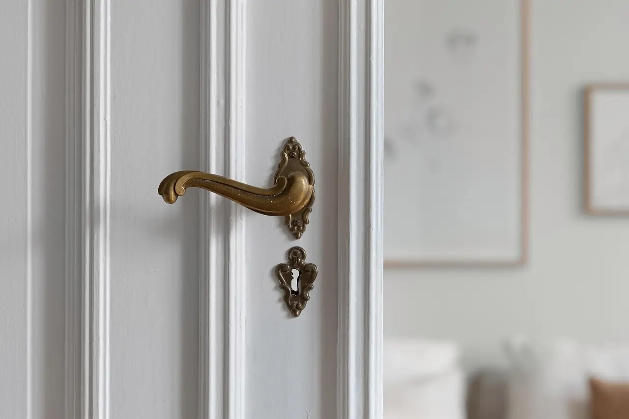 Close-up of a classic-style gold door handle on a white door, with a blurred background of a minimally decorated room
