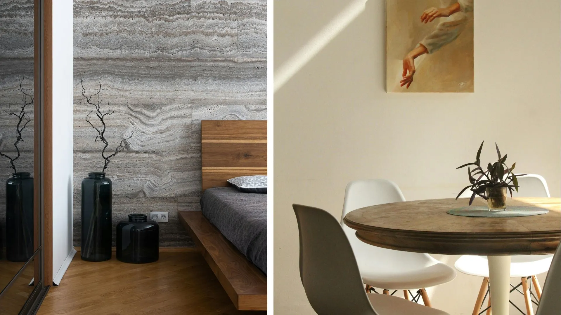 Imagen dividida en dos: a la izquierda, dormitorio con pared de piedra gris y cama de madera con jarrones decorativos; a la derecha, comedor minimalista con mesa redonda de madera, sillas blancas y un cuadro artístico en la pared.