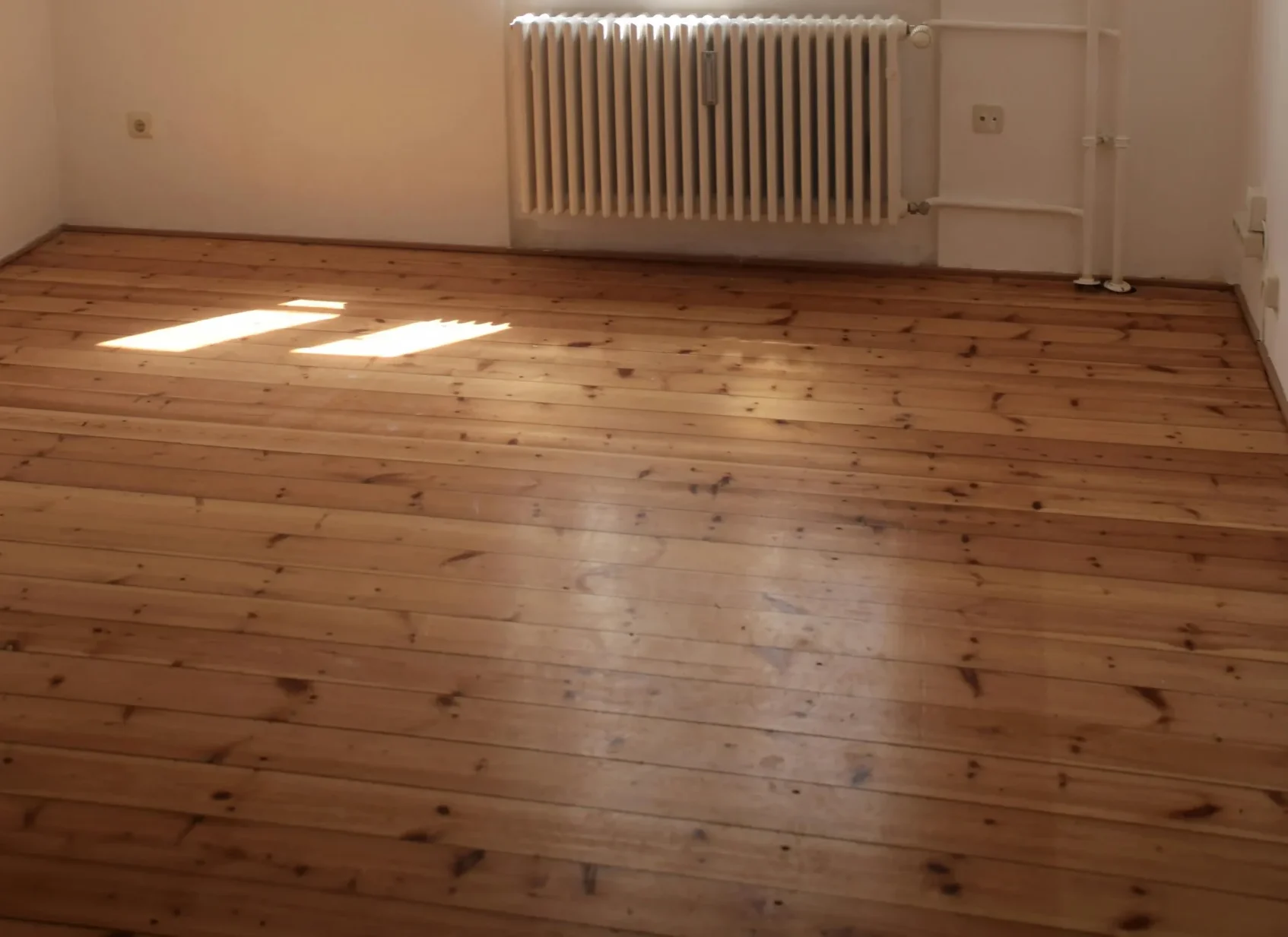 Empty room with white walls and light wood floor. A white-framed window lets in natural light, casting soft shadows on the floor. A white radiator and exposed pipes are visible.