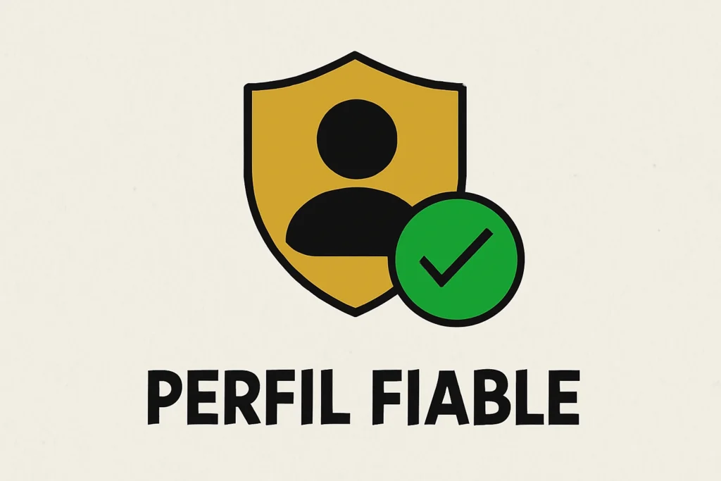 A golden shield with a black human silhouette inside, complemented by a green circle and a checkmark. Below, the phrase "RELIABLE PROFILE" appears in black letters, highlighting the trustworthiness of the profile.
