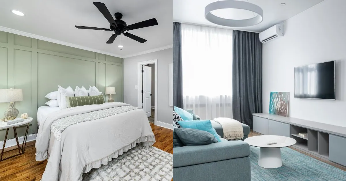 View of a bedroom with a large bed and ceiling fan next to a modern living room with air conditioning and a blue sofa in a Barcelona flat.