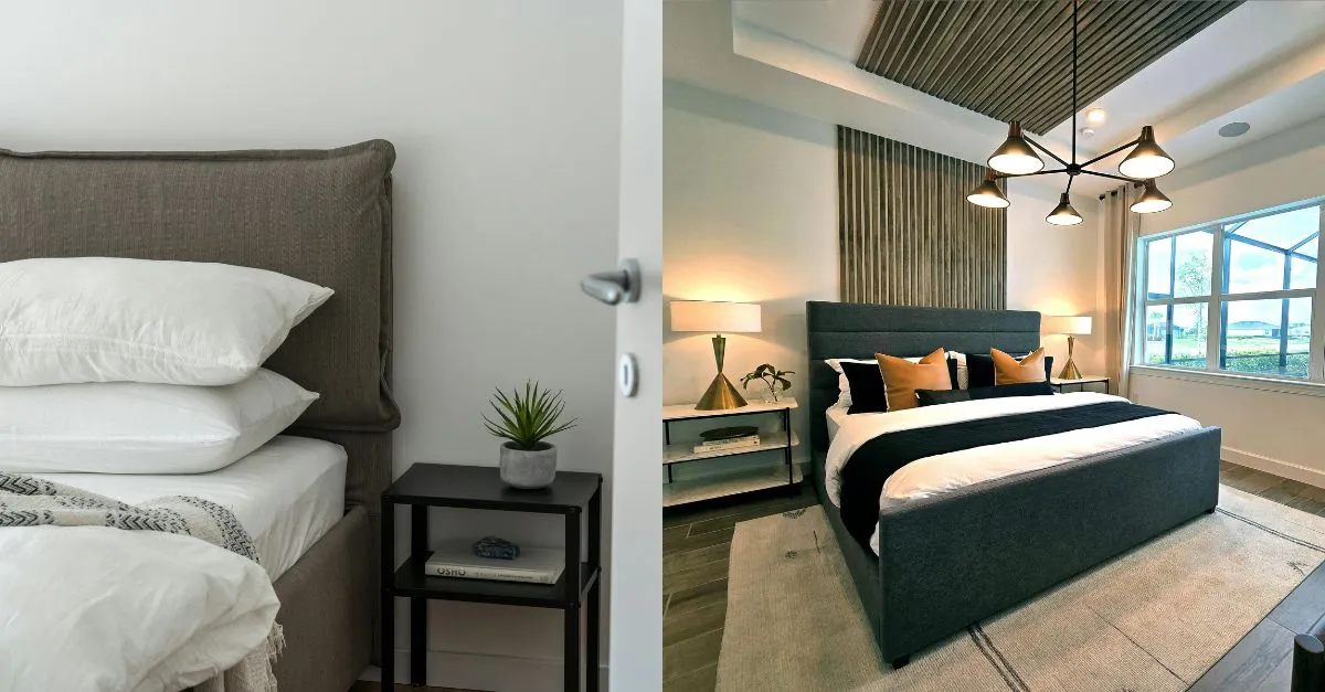 View of two bedrooms: one with a single bed and white cushions, and another with a large bed decorated in dark tones with mustard cushions in a Barcelona flat.
