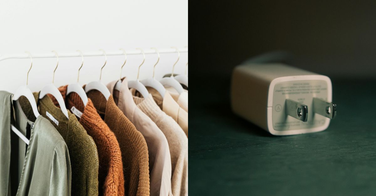 Hangers with organised clothes and plug adaptor in a Barcelona flat, representing the small details that make a difference in the guest experience.