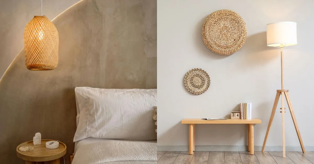 Bedroom with wicker pendant lamp next to a white bed and living room with floor lamp and decorative details, showing well-lit spaces in a Barcelona flat.