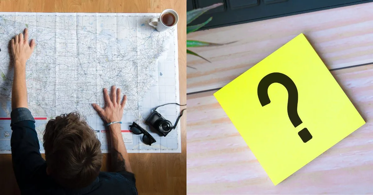 Traveller consulting a map with a camera and coffee on the table next to a yellow sticky note with a question mark, representing practical information for guests.