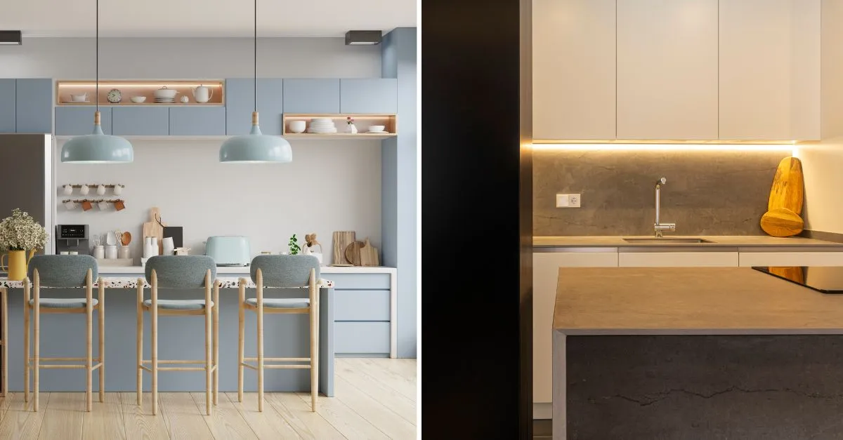 Dos cocinas modernas y acogedoras: una en tonos azul pastel con barra y lámparas colgantes, y otra minimalista en gris y blanco con iluminación LED.