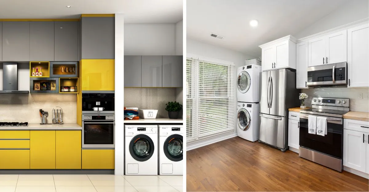 Dos diseños de cocina con lavadora integrada: a la izquierda una cocina moderna en tonos amarillos y grises con horno y microondas empotrados, y a la derecha una cocina blanca con electrodomésticos de acero inoxidable y lavadora en torre junto a la ventana.