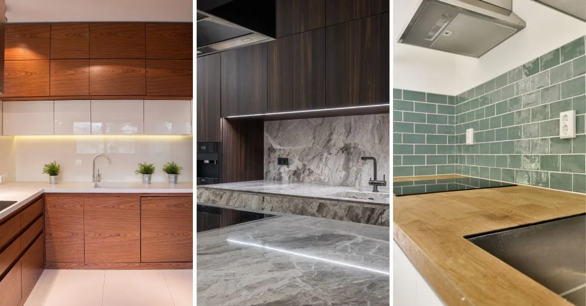 Tres diseños de cocina moderna: a la izquierda con muebles de madera clara y encimera blanca, en el centro con mármol gris y muebles oscuros, y a la derecha con encimera de madera y pared de azulejos verdes estilo metro.