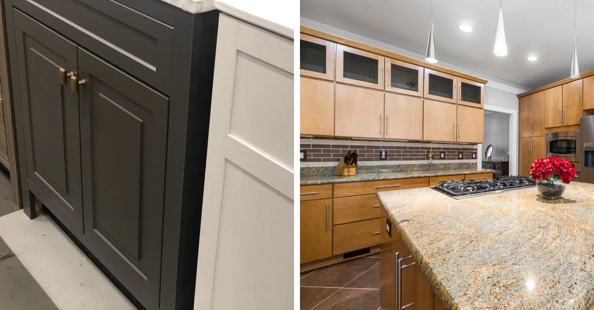 Dos estilos de cocina: a la izquierda detalle de un mueble bajo en tonos gris oscuro y blanco con tiradores dorados, y a la derecha una amplia cocina con muebles de madera clara, isla central de granito con fogones y decoración con flores rojas.