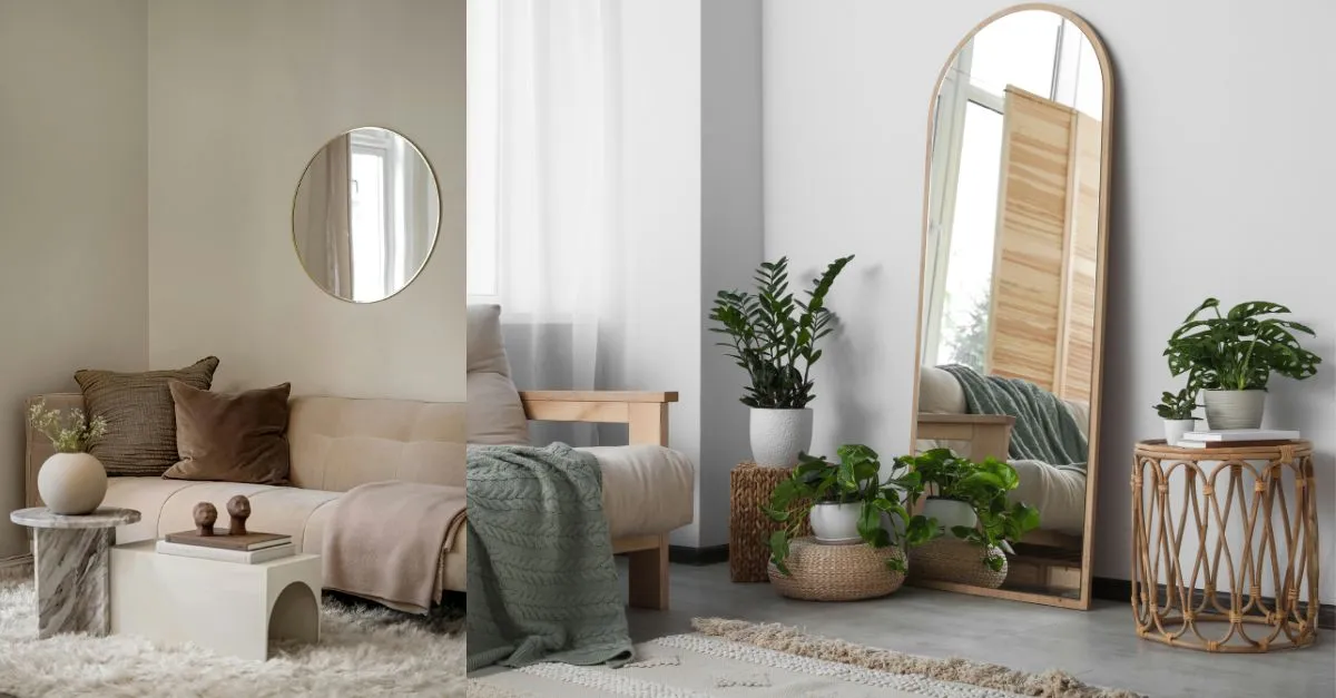 Disseny d'interior minimalista amb un sofà beige, una taula de centre de marbre, plantes en testos decoratius i un gran mirall de peu, creant un ambient acollidor i lluminós.