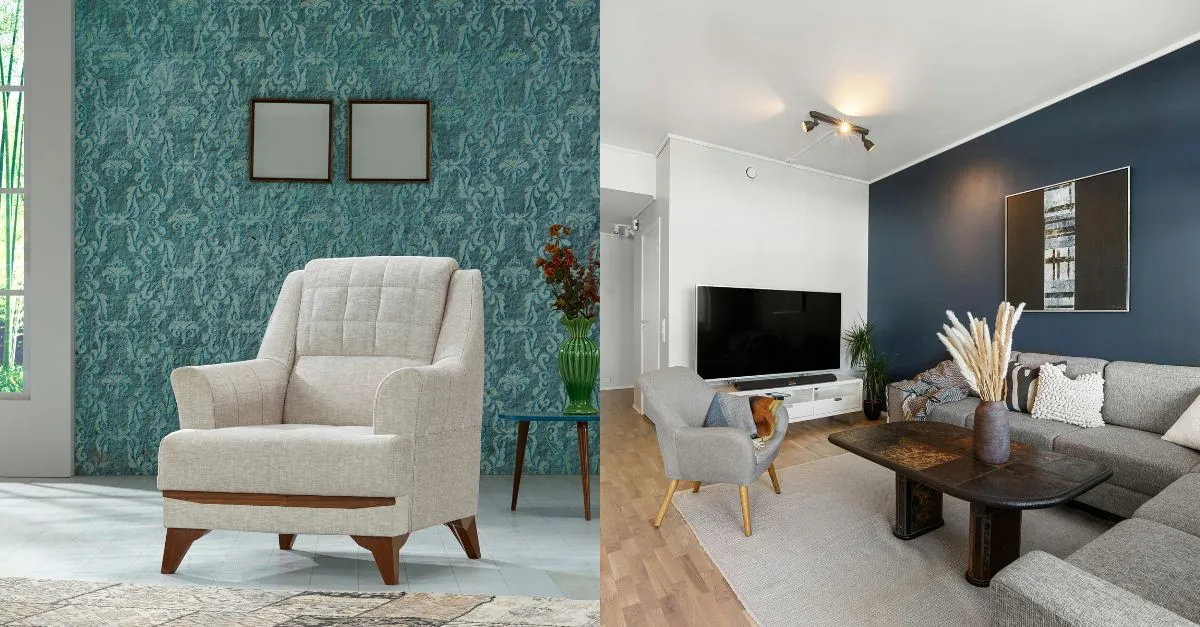 Un salón moderno con dos esquemas de colores diferentes. El lado izquierdo tiene una pared texturizada de color verde azulado con un sillón beige claro y pequeñas plantas. El lado derecho presenta una pared blanca y azul oscuro con un sofá minimalista, TV y objetos decorativos sobre una mesa de café de madera.