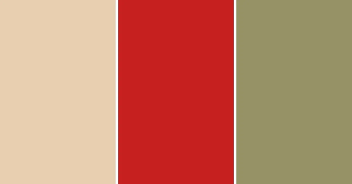 Paleta de colores con tonos beige, rojo y verde oliva, tendencia en cocinas acogedoras para septiembre 2025, ideal para propietarios que buscan renovar.