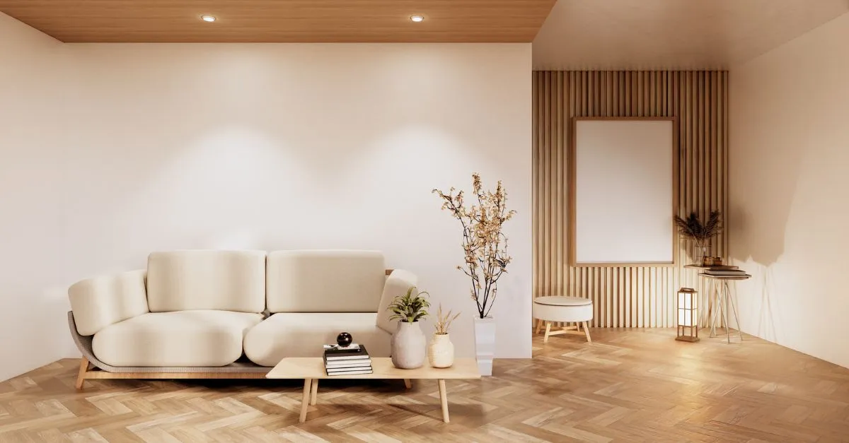 Aquesta imatge mostra una sala d'estar amb un sofà d'estil modern, taula de fusta clara, plantes decoratives i un mural a la paret. La il·luminació suau ressalta l'ambient acollidor i minimalista de l'estança.