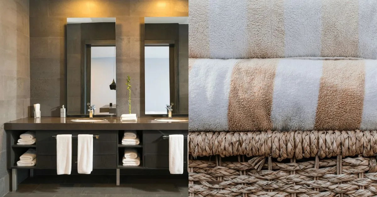 Bathroom with double sink and white towels arranged on shelves next to a pile of beige and white striped towels in a Barcelona flat.