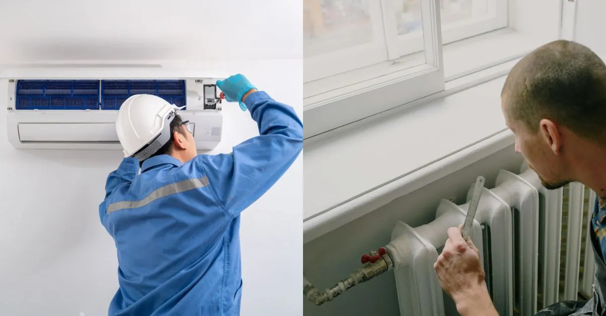 A technician checking an air conditioner and another adjusting a heating radiator in a home.