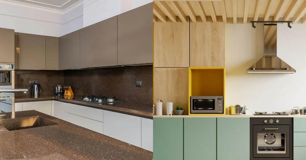 Two contemporary kitchen designs: one with dark finishes and another with light colors and wood details, both equipped with practical appliances.
