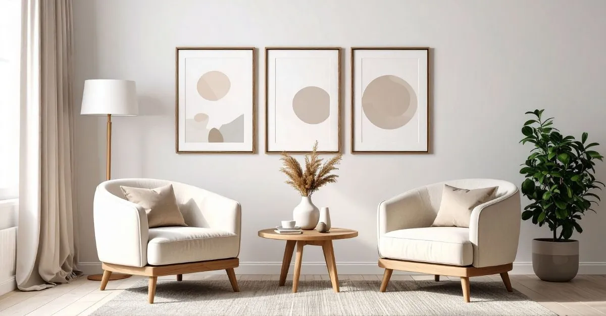 Salón con dos sillones beige, mesa de madera, cuadros en tonos neutros y planta decorativa que transmiten coherencia estética y armonía