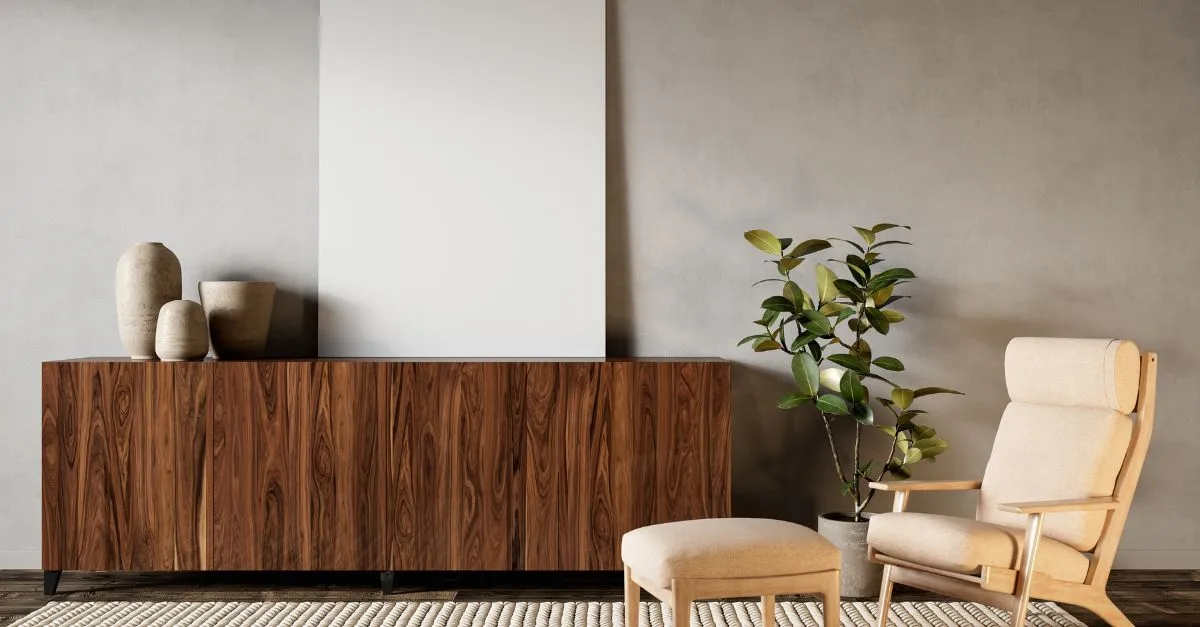 Salón con decoración minimalista: mueble de madera con jarrones, planta interior y sillón beige con reposapiés