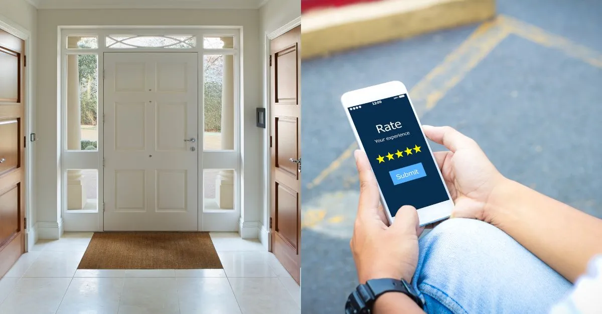 Bright front door of a home next to a person giving a five-star rating on their mobile for their experience.