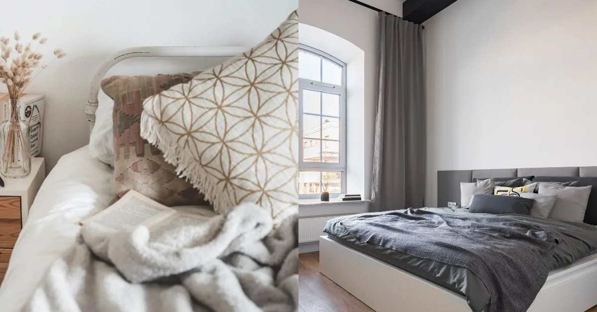Detail of a bed with blankets and decorative cushions next to another room with a large bed and dark curtains, creating a warm and comfortable atmosphere.