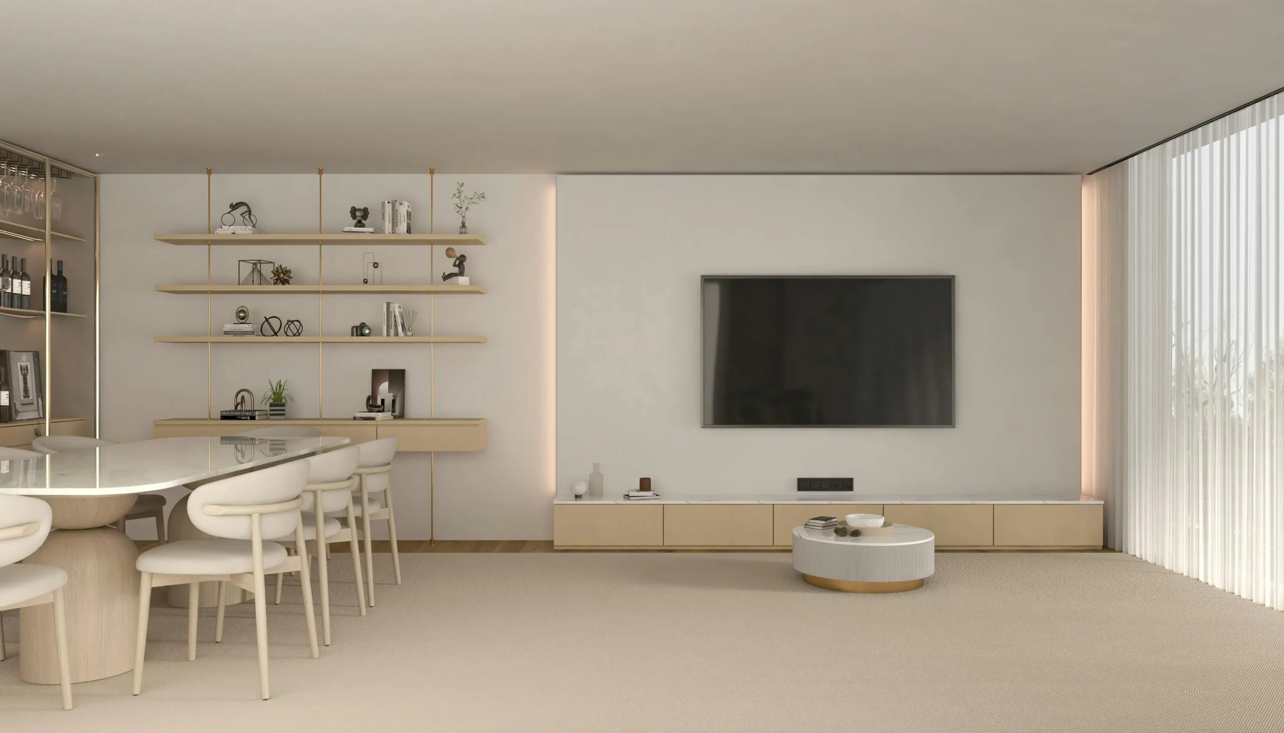 Modern living room with a flat-screen TV on the wall, dining table with white chairs, decorative shelves, round coffee table, and sheer curtains letting natural light through.