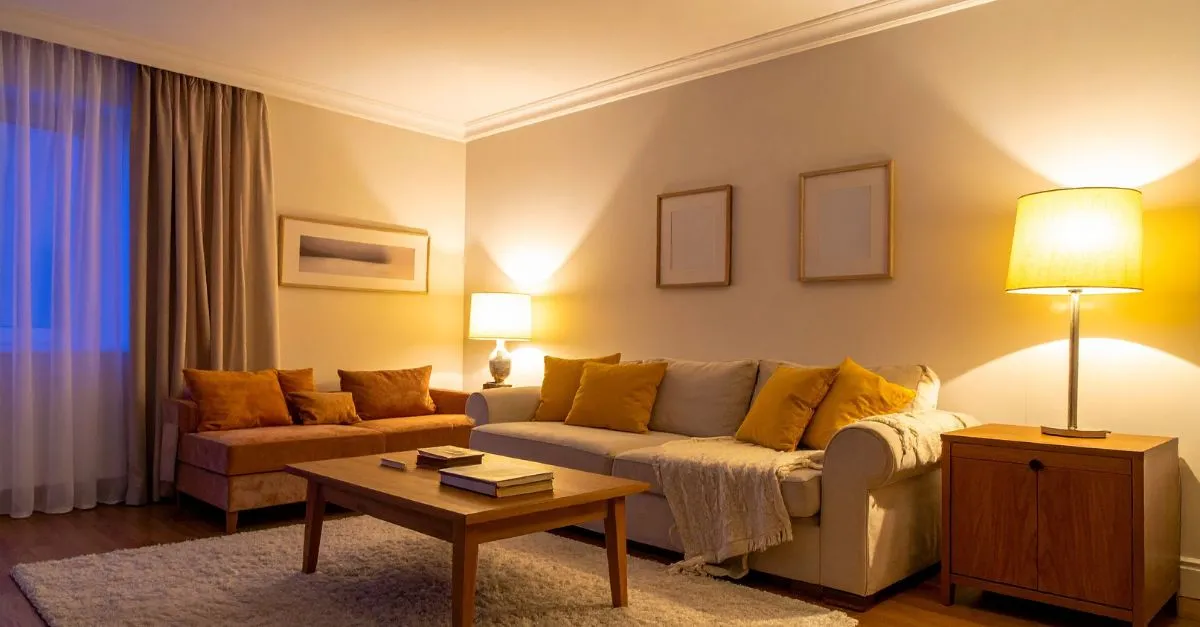 Sala de estar con sofás claros y cojines amarillos, mesa de madera y lámparas que aportan una iluminación cálida y confortable