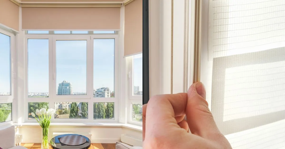 View of a bright living room with large windows and a close-up of frame insulation to improve energy efficiency.