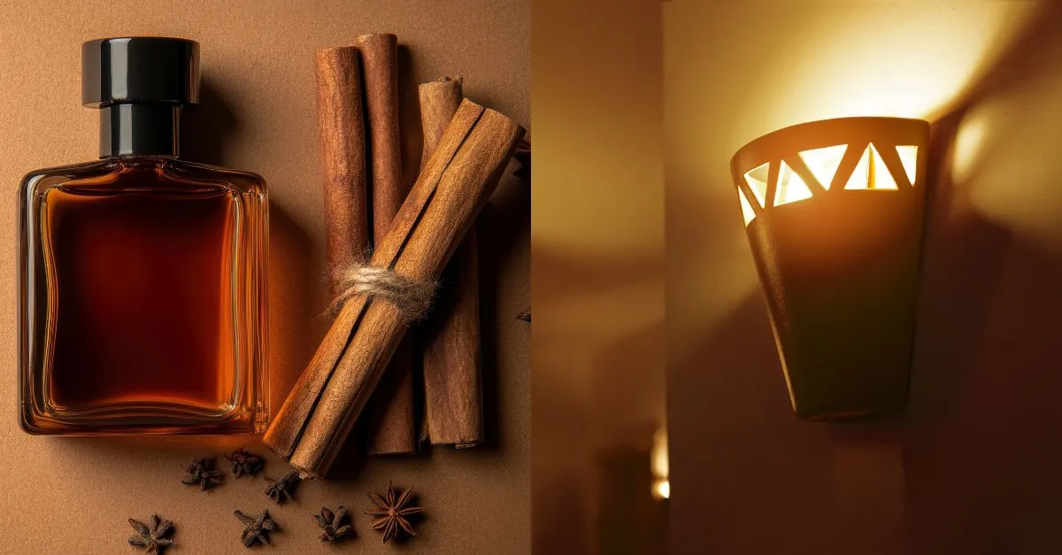 Fragrance bottle with cinnamon and star anise next to a warm wall lamp creating a relaxing atmosphere in the living room.