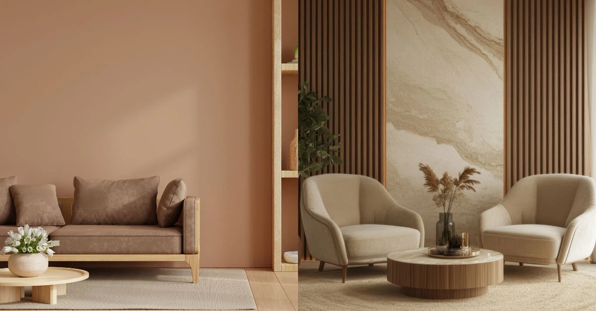 Living rooms decorated in cocoa brown, beige, and cream tones, with light wood furniture and natural textures that convey Mediterranean warmth and harmony.