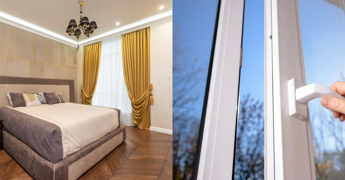 Dormitori elegant amb cortines daurades i un llit doble, amb una imatge d’una finestra aïllant que millora el confort tèrmic i acústic de l’apartament.