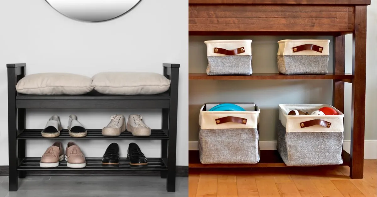 Dos exemples d’organització a casa: sabater amb coixins i prestatgeria amb caixes de tela i cuir per a un emmagatzematge pràctic i decoratiu.