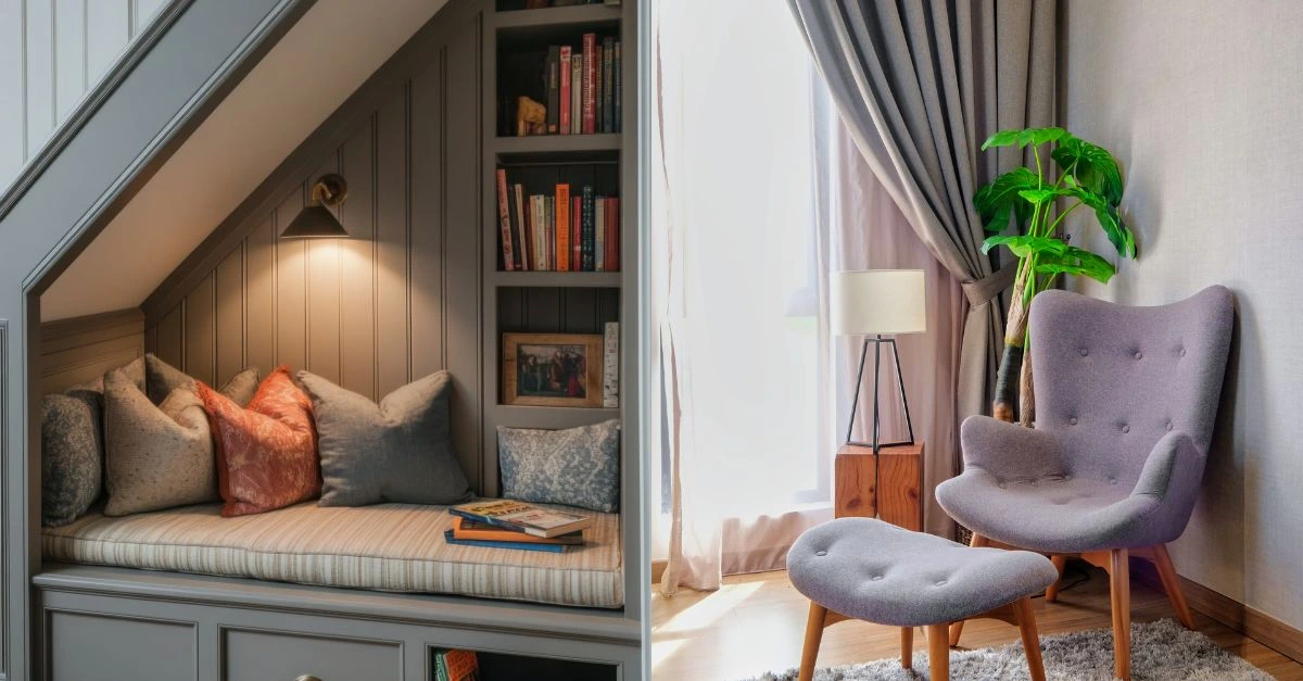 Cozy reading nook with a padded bench under a staircase and an armchair with footrest by a window, an example of micro-spaces designed for connection and relaxation.