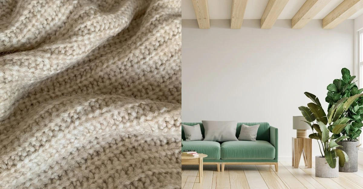 Beige wool blanket detail next to a living room with a soft green sofa and plants, reflecting the neo-comfort trend focused on calm and wellbeing.
