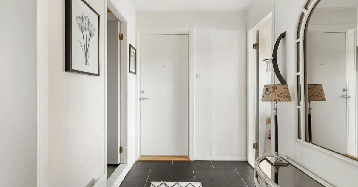 Passadís lluminós amb parets blanques, terra fosc i mirall decoratiu, en un apartament amb un disseny minimalista i elegant.