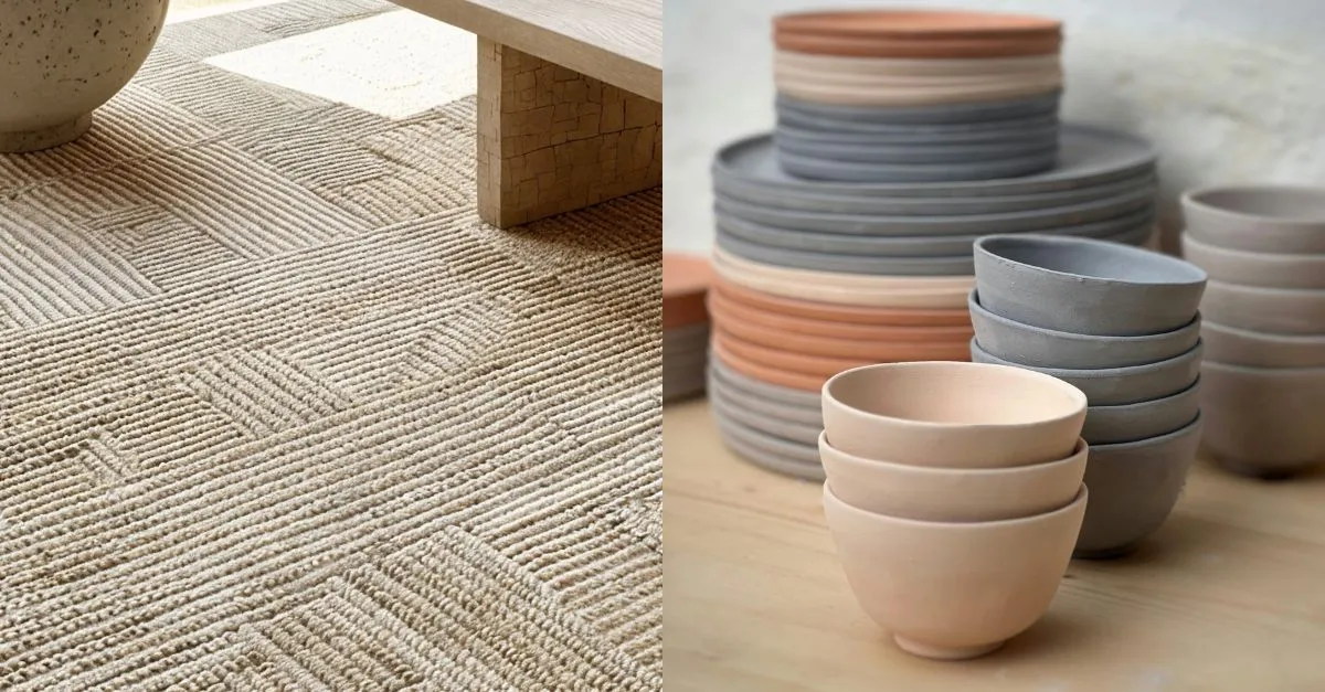 Woven rug made from natural fibers and handcrafted ceramic tableware in earthy and gray tones, examples of sustainable, story-driven materials in interior design.