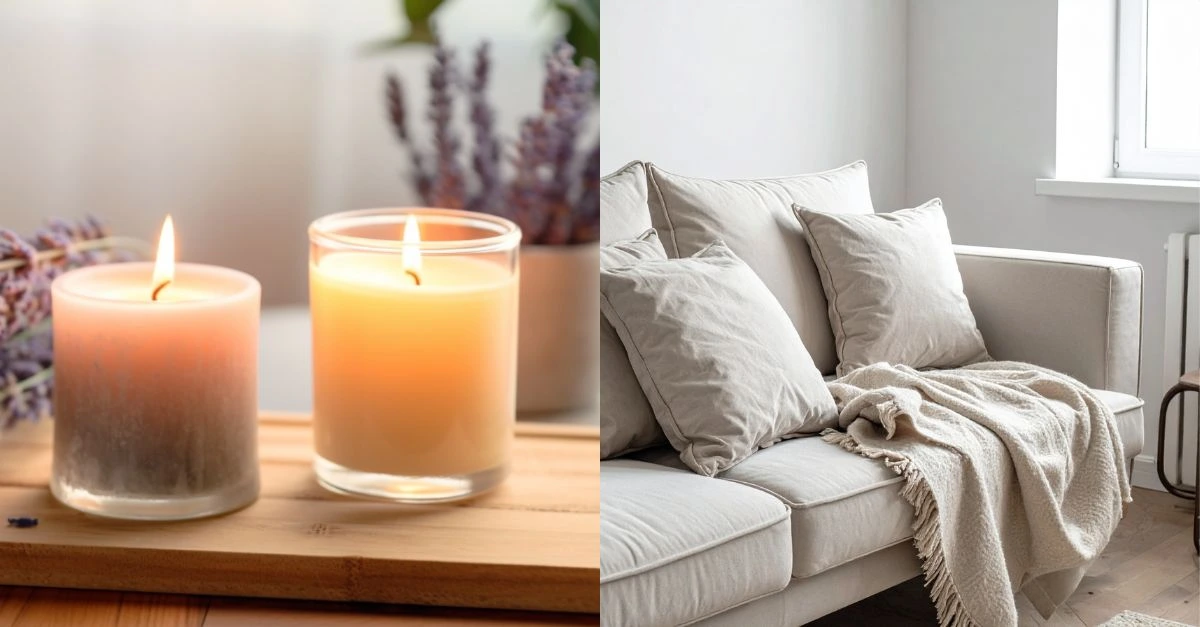 Two lit candles next to lavender flowers and a beige sofa with cushions and a blanket, creating a warm, natural, and cozy atmosphere perfect for relaxing at home.