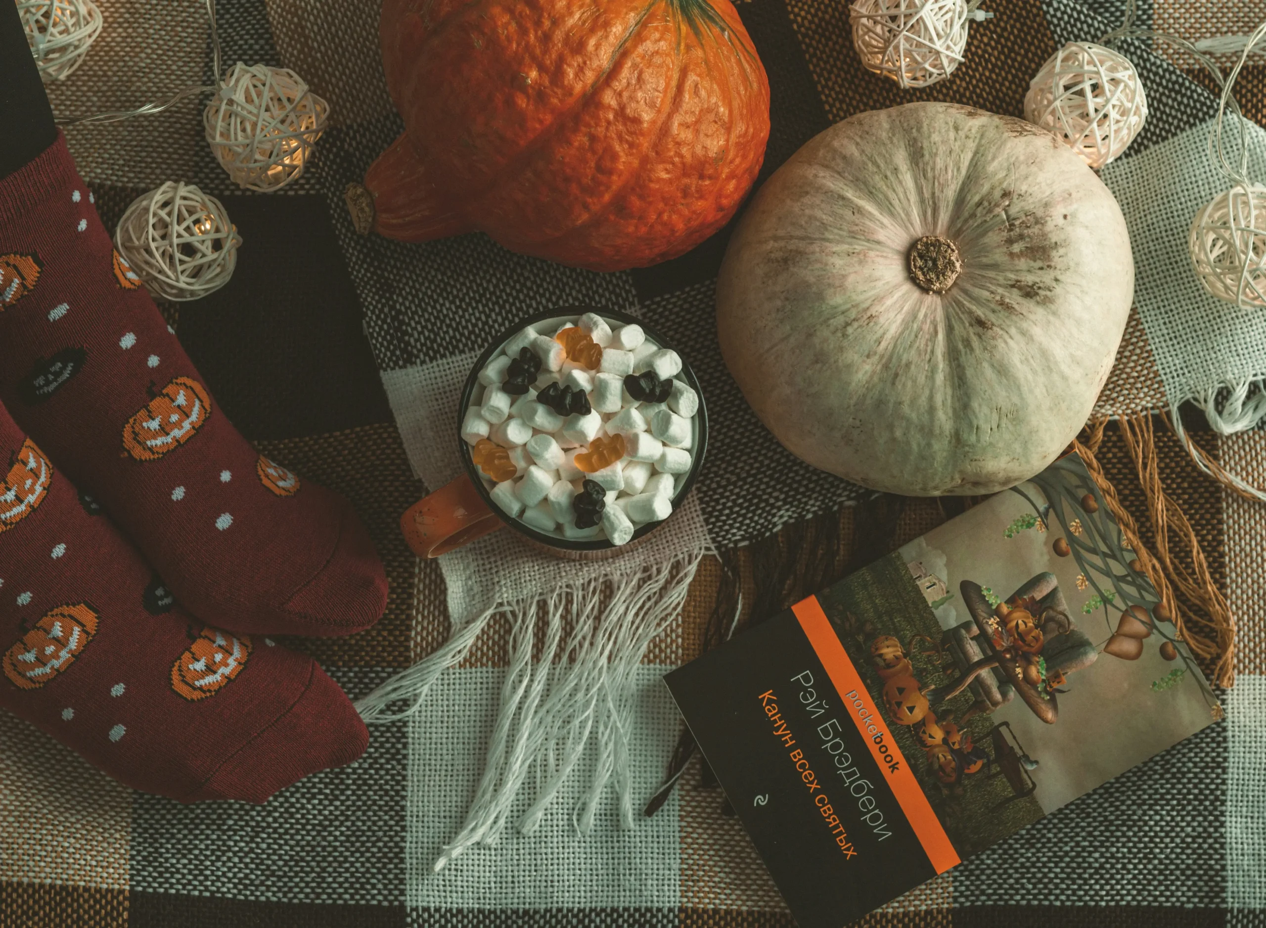 Image of a cozy autumn scene featuring pumpkins, a cup of hot chocolate with marshmallows and gummies, a book, and pumpkin-themed socks on a blanket.