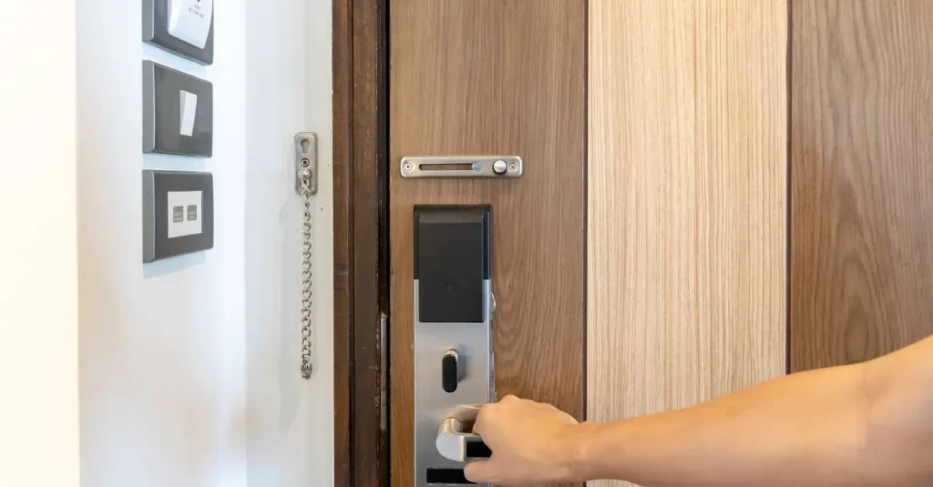 Smart lock installed on an apartment door, allowing secure access control without using physical keys