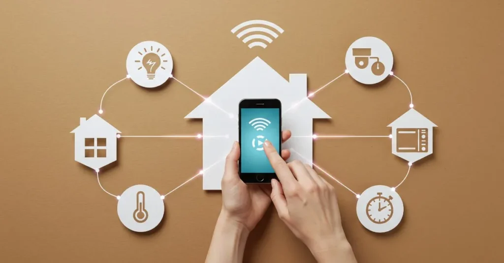 Illustration of a smart, connected home controlled from a mobile phone, featuring intelligent lighting, climate control, and security systems