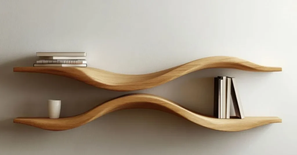 Floating wooden shelves with soft curved lines on a light wall, decorated with books and minimalist objects, adding a natural, modern and balanced look.